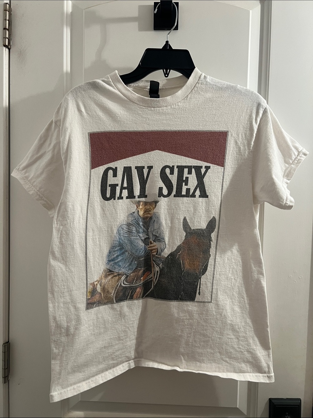 VINTAGE GAY SEX White Graphic Tee with Bold Front Print - no stains